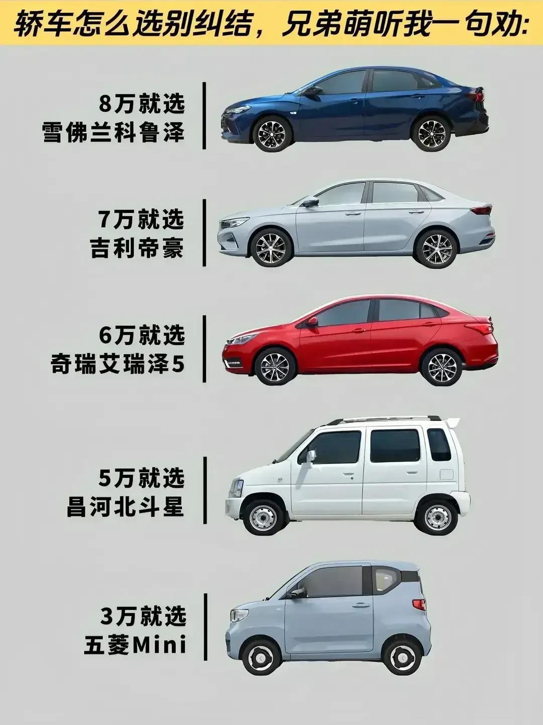 作为交通工具，网友给出了从3万起步各种心理价位的汽车品牌选择。缺了新能源汽车品牌