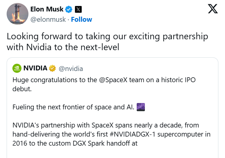 【联手打造太空算力？SpaceX刚上市 马斯克就喊话黄仁勋：合作升级！】Spac