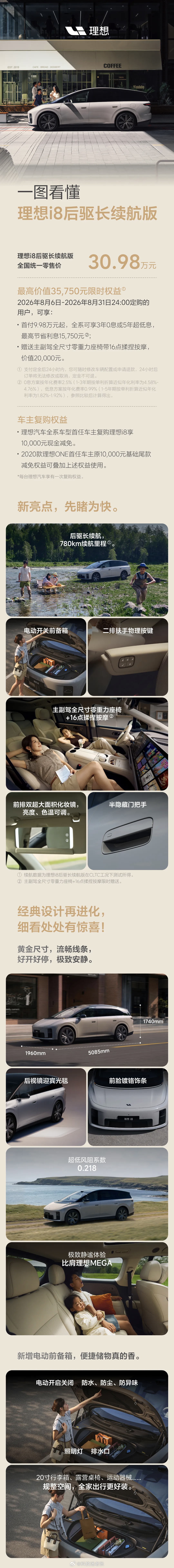 理想i8后驱长续航版本上市，30.98万元。-纯电续航780km-电动开关前备箱