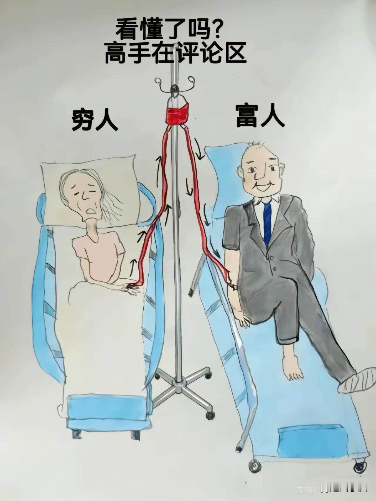 挺有寓意吧？
穷人卖血是走投无路，无可奈何，为了生存；富人输血是为了更好的生存，