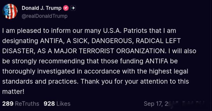 我谨此告知我们众多的美国爱国者：我将把“安提法”——这个病态、危险、激进的左翼灾