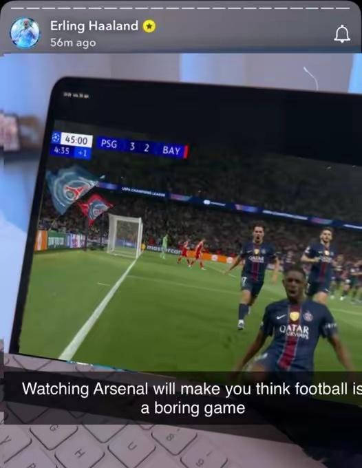 哈兰德在社交媒体上发布动态称：“观看阿森纳的比赛，会让人觉得足球这项运动竟如此乏
