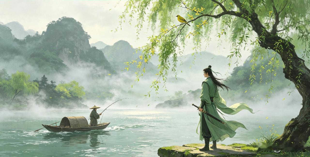 谷雨初晴润九州，
轻烟漫渡古津头。
剑携新雨锋芒敛，
衣带残春侠气留。
岸柳藏莺