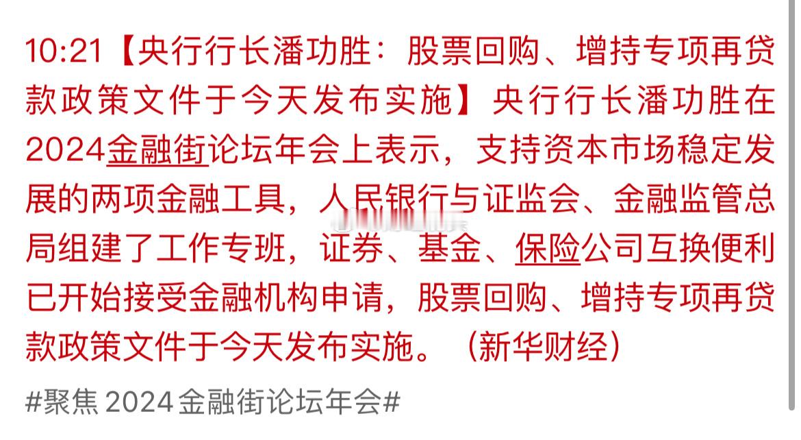 潘行长在2024金融街论坛年会上表示，支持资本市场稳定发展的两项金融工具，人民银