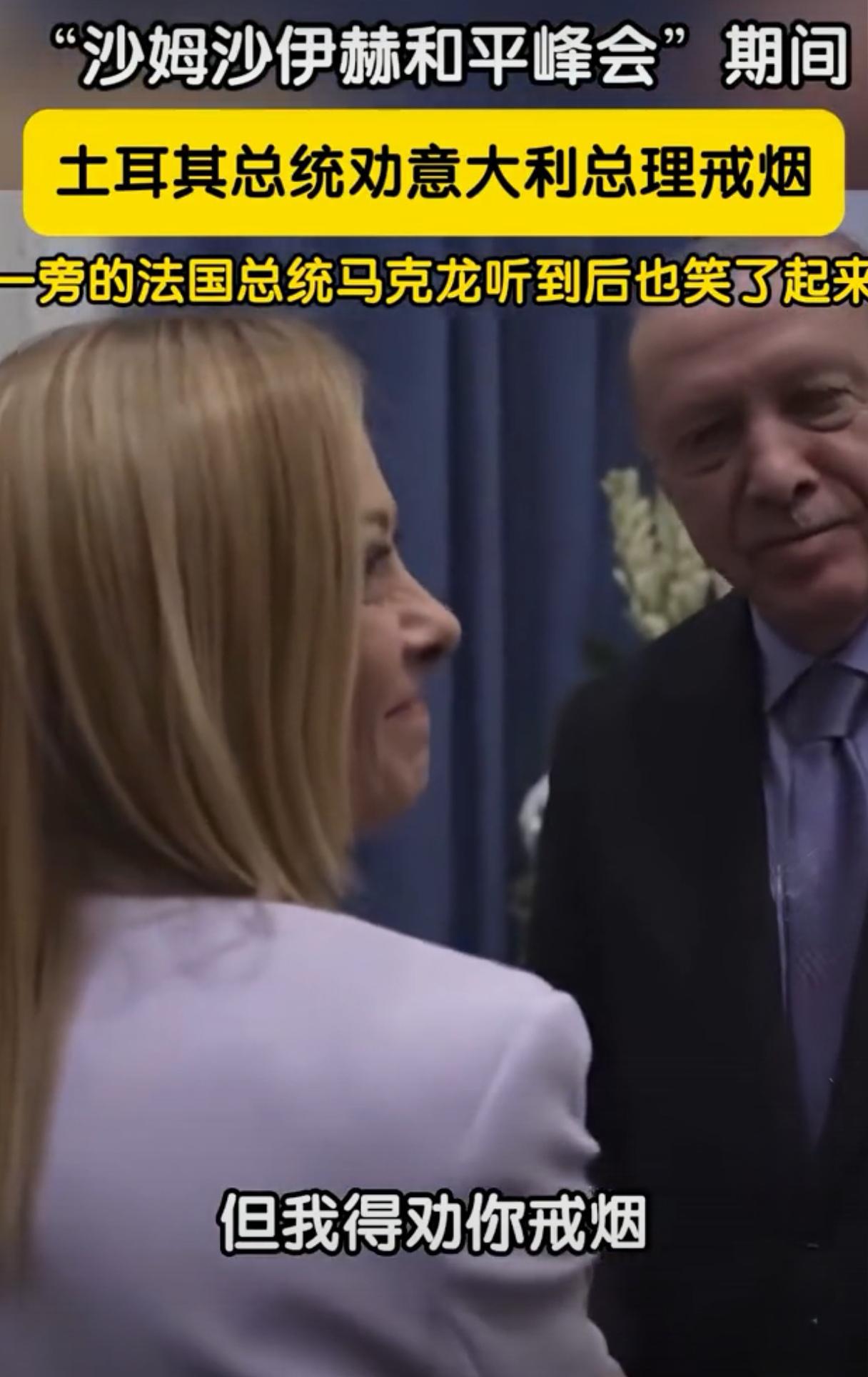 有点意思，土耳其总统埃尔多安劝说意大利女总理梅洛尼戒烟。

埃尔多安出席埃及沙姆