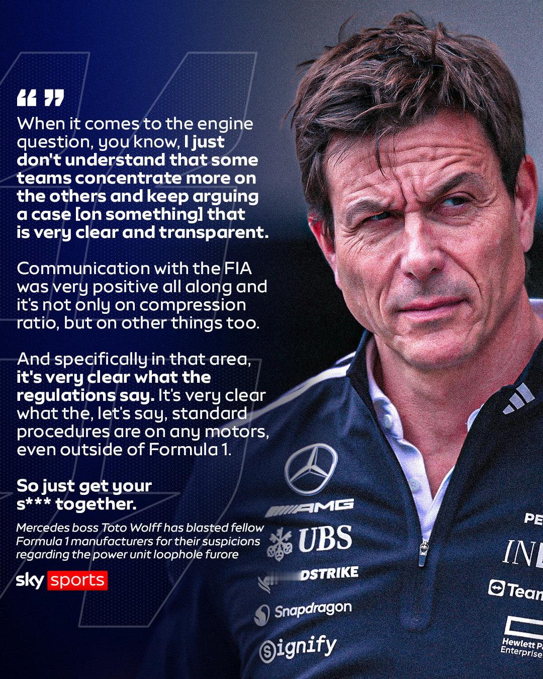 Toto批判竞争对手质疑梅赛德斯引擎的合规性～你们要有意见，那你们就改…（霍纳名