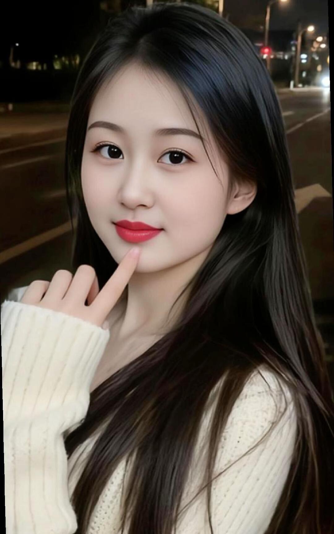 夜晚街头的甜美少女，红唇轻启，指尖轻触脸颊，散发着迷人的魅力。