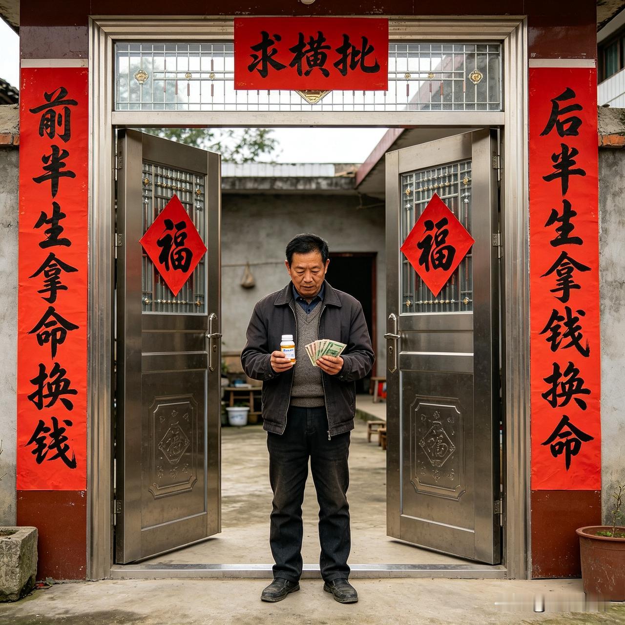 上联：前半生拿命换钱
下联：后半生拿钱换命
 
这副联道尽现实的无奈与循环，前半