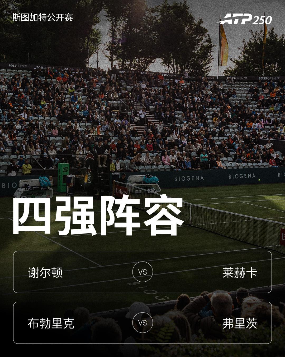 ATP250 斯图加特公开赛四强对阵，前四种子成功会师：谢尔顿 vs 莱赫卡布勃