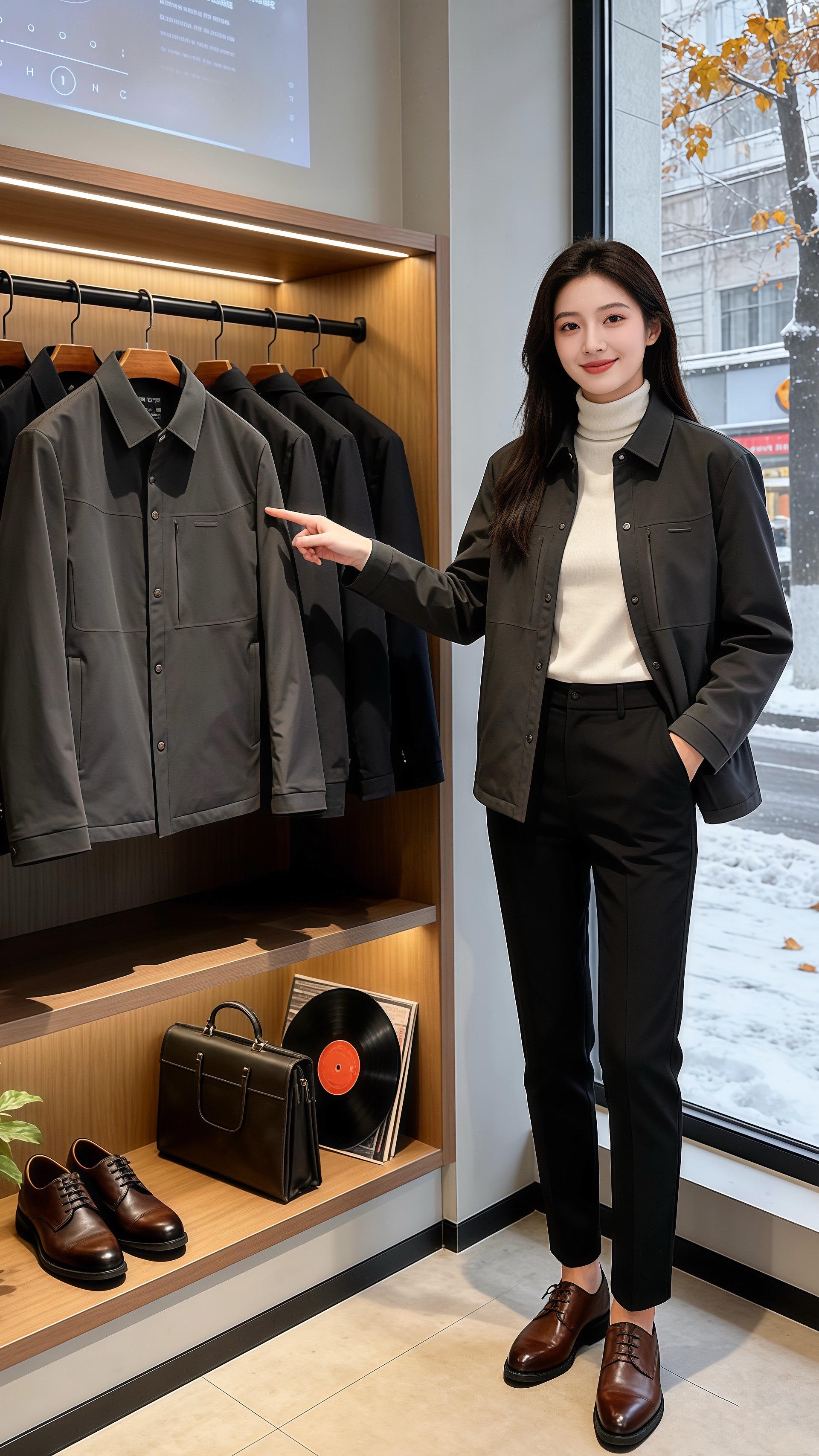 雪间雅意  北城的雪沫敲着男装店的落地窗，暖灯将龟背竹的影纹投在深灰色...