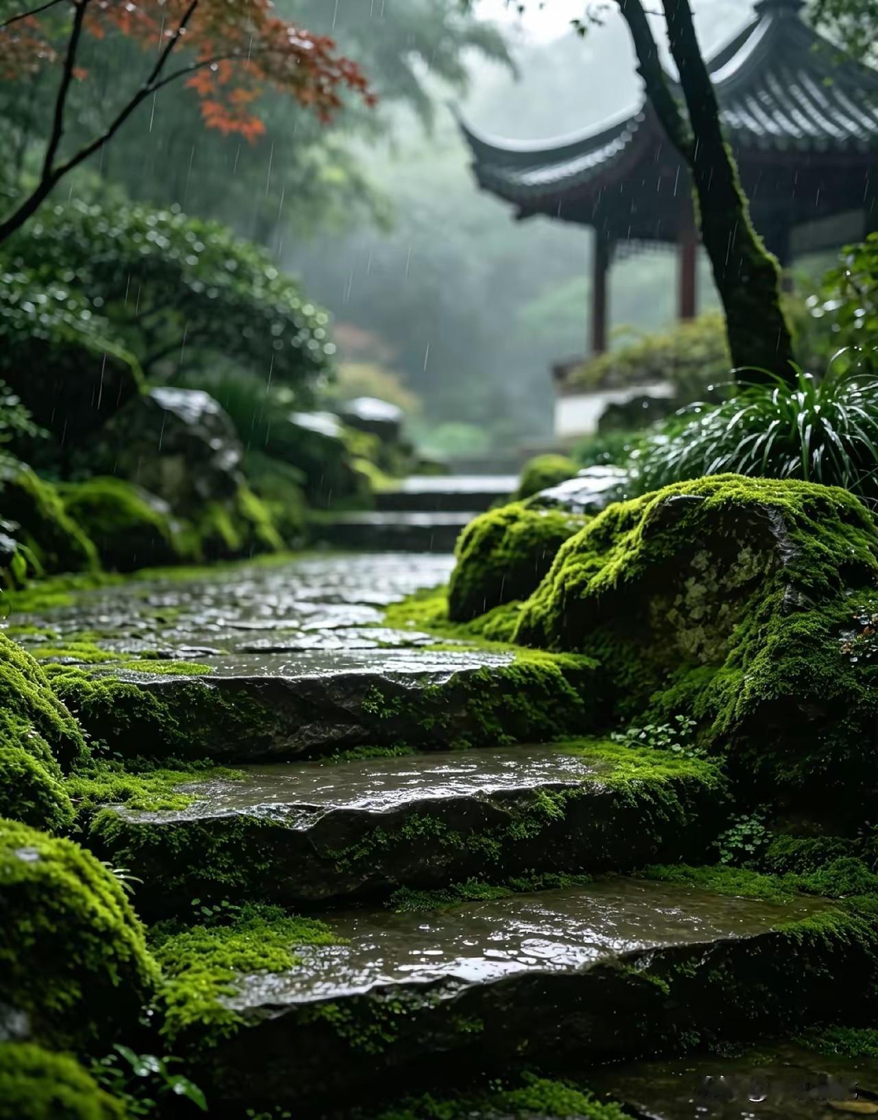 仄平仄仄）石阶沐雨，
平仄平平）榆树遭淋。
横批：《沐雨与遭淋》