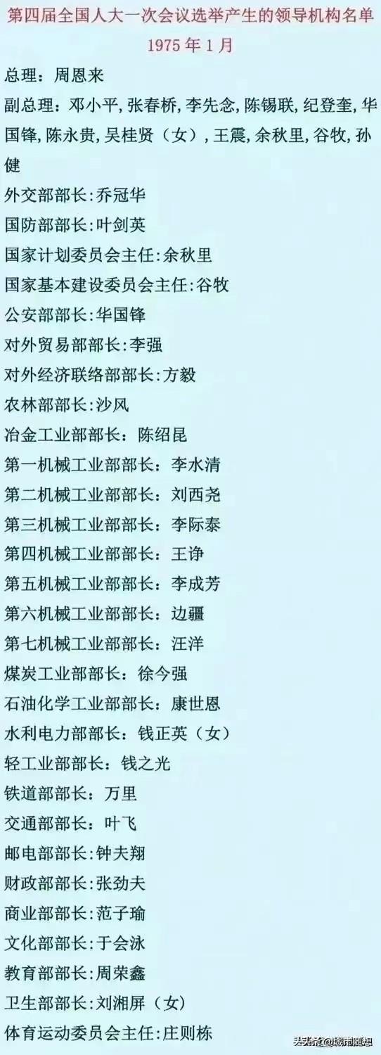 1975年国务院各部委领导人员名单。
周恩来担任总理，邓小平担任第一副总理，担任