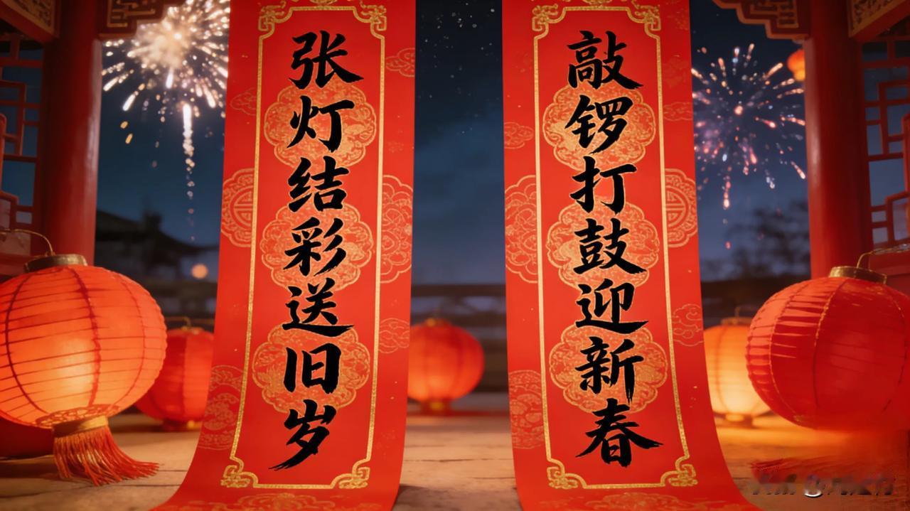 上句：张灯结彩送旧岁，盼请下联敲锣打鼓迎新春。