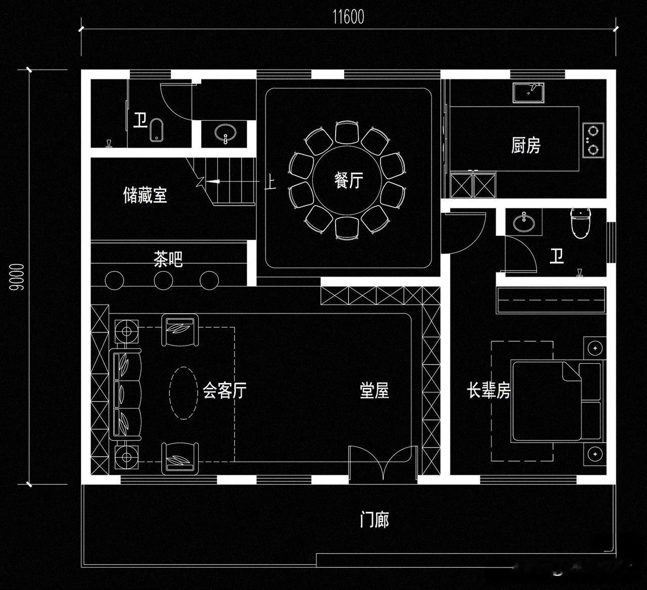 农村自建房别墅分享乡村自建房二层户型布局图，占地11.6米X9.0米。农村设计别
