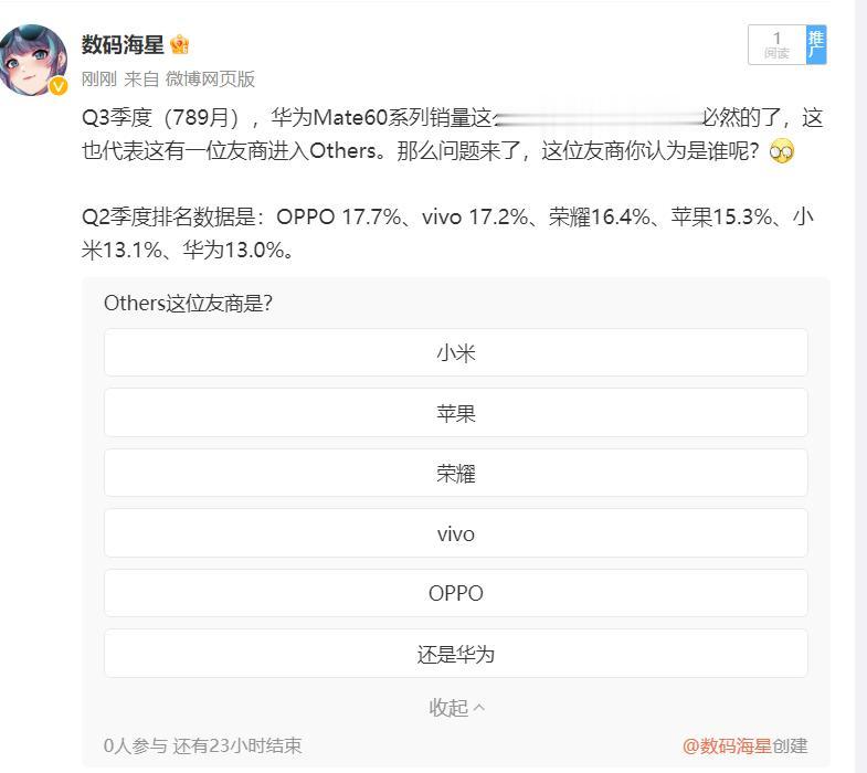 Q3季度（789月），华为Mate60系列销量这么好，进入国内前五是必然的了，这