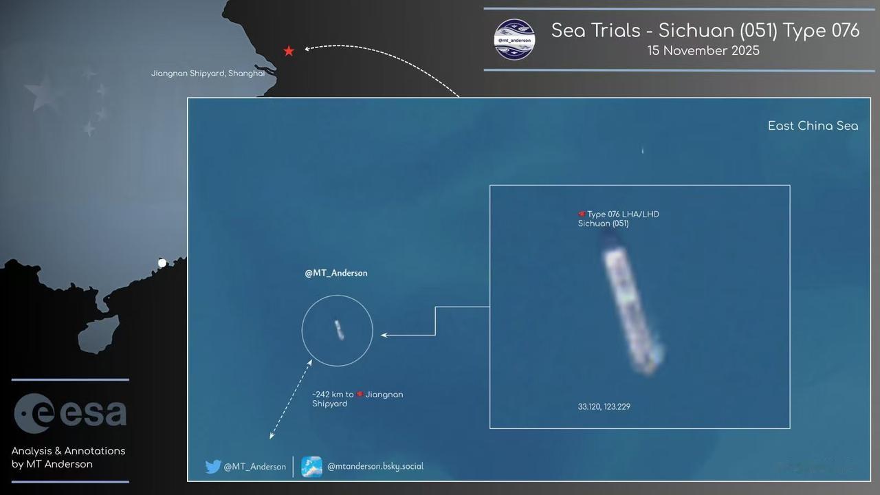 “四川”舰首次海试就在东海，卫星照片拍摄到在魔都东北偏北约250公里处。不过首次