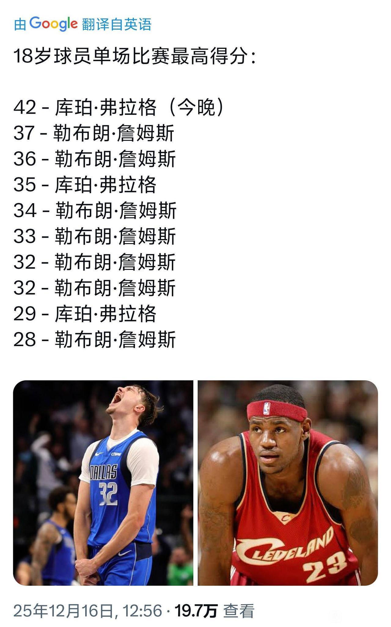 弗拉格正在打破詹姆斯18岁的得分记录。

主要是弗拉格跳级来到NBA，其他19岁