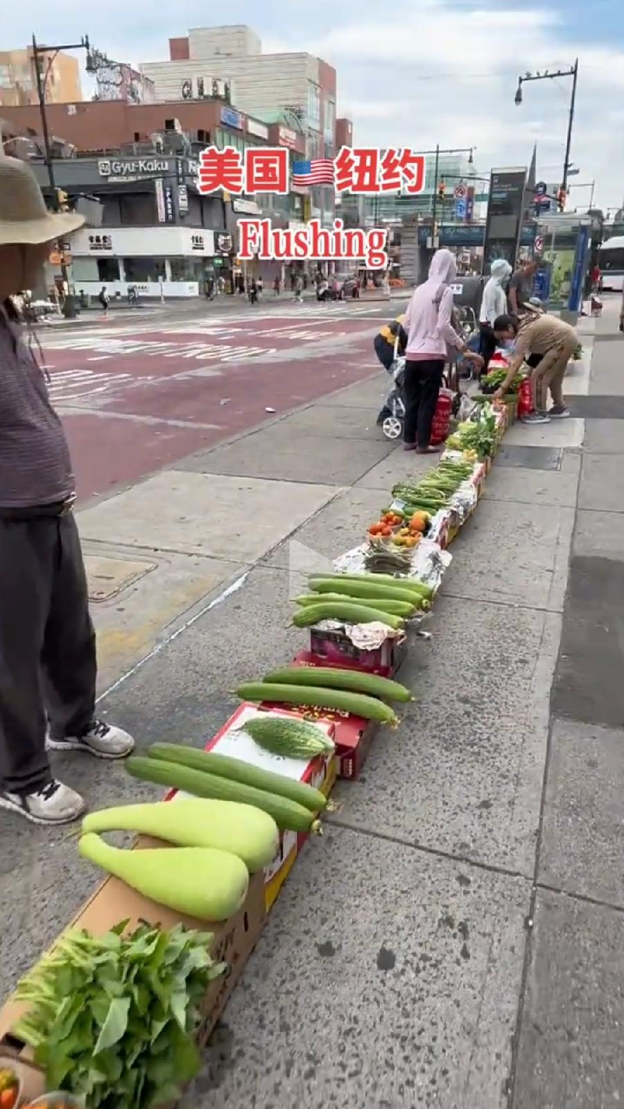 中国大爷大妈纽约早市摆摊卖菜。
没有城管查吗？为什么这么巧，菜都是放在纸箱子上面