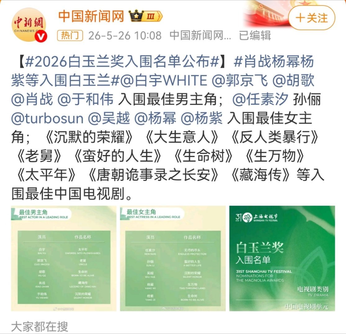 白玉兰入围名单理性预测一下，白玉兰获奖的应该是于和伟和任素汐，孙俪和吴越可能陪跑