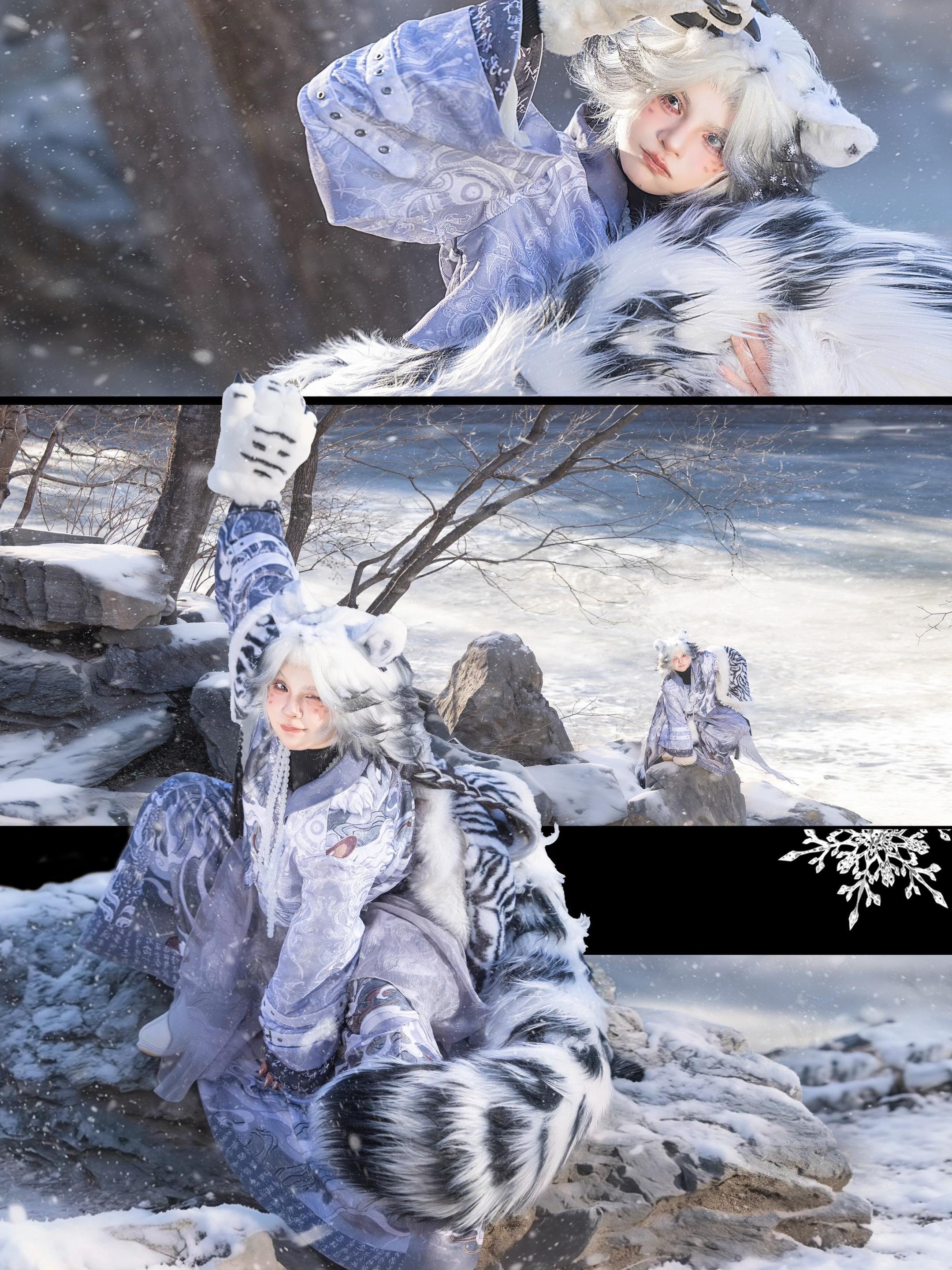 ‘ 豹豹来也～ ’超可爱的小雪豹崽崽 爱咬尾巴的那种，一种很新的雪豹塑