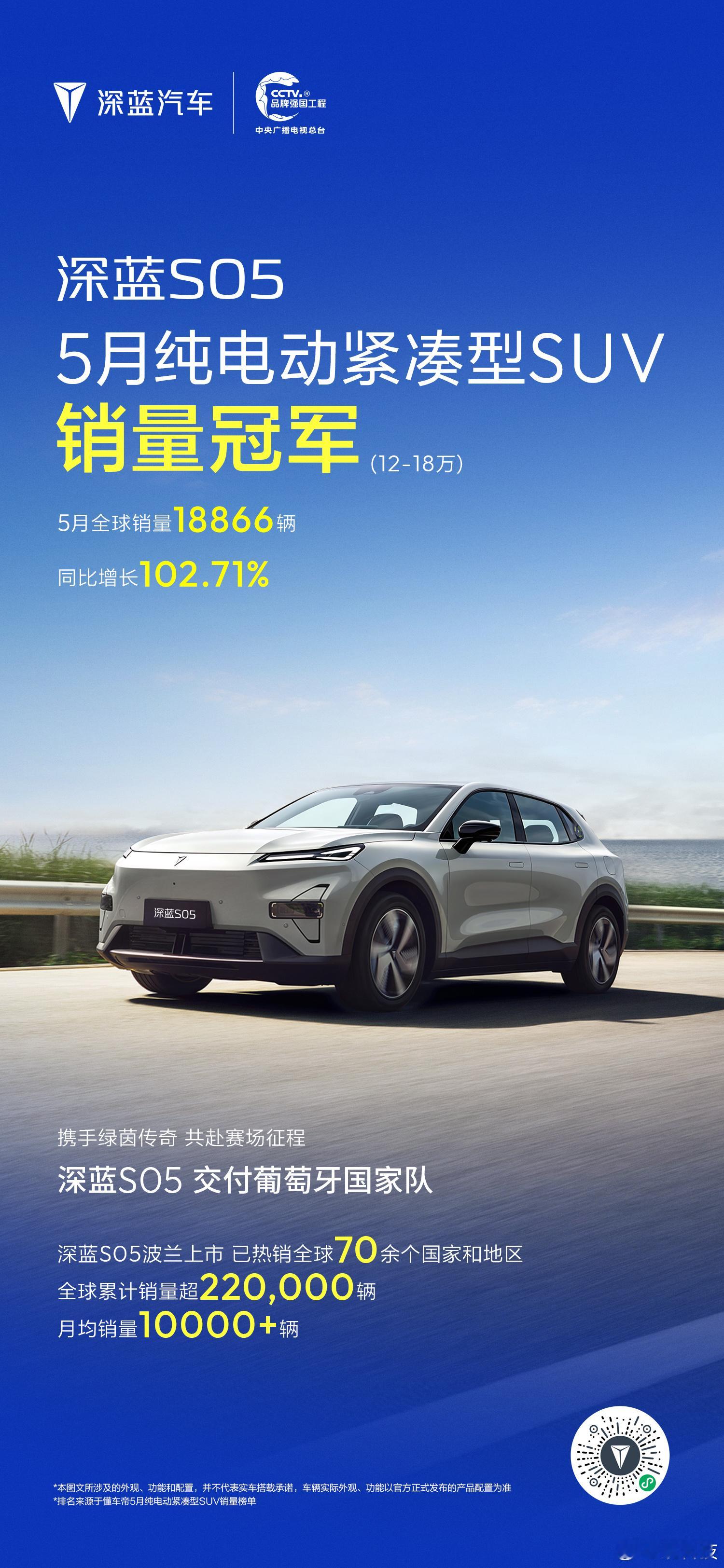 深蓝汽车 5月全球销量持续攀升，双星闪耀！深蓝S05 获纯电动紧凑型SUV销量冠
