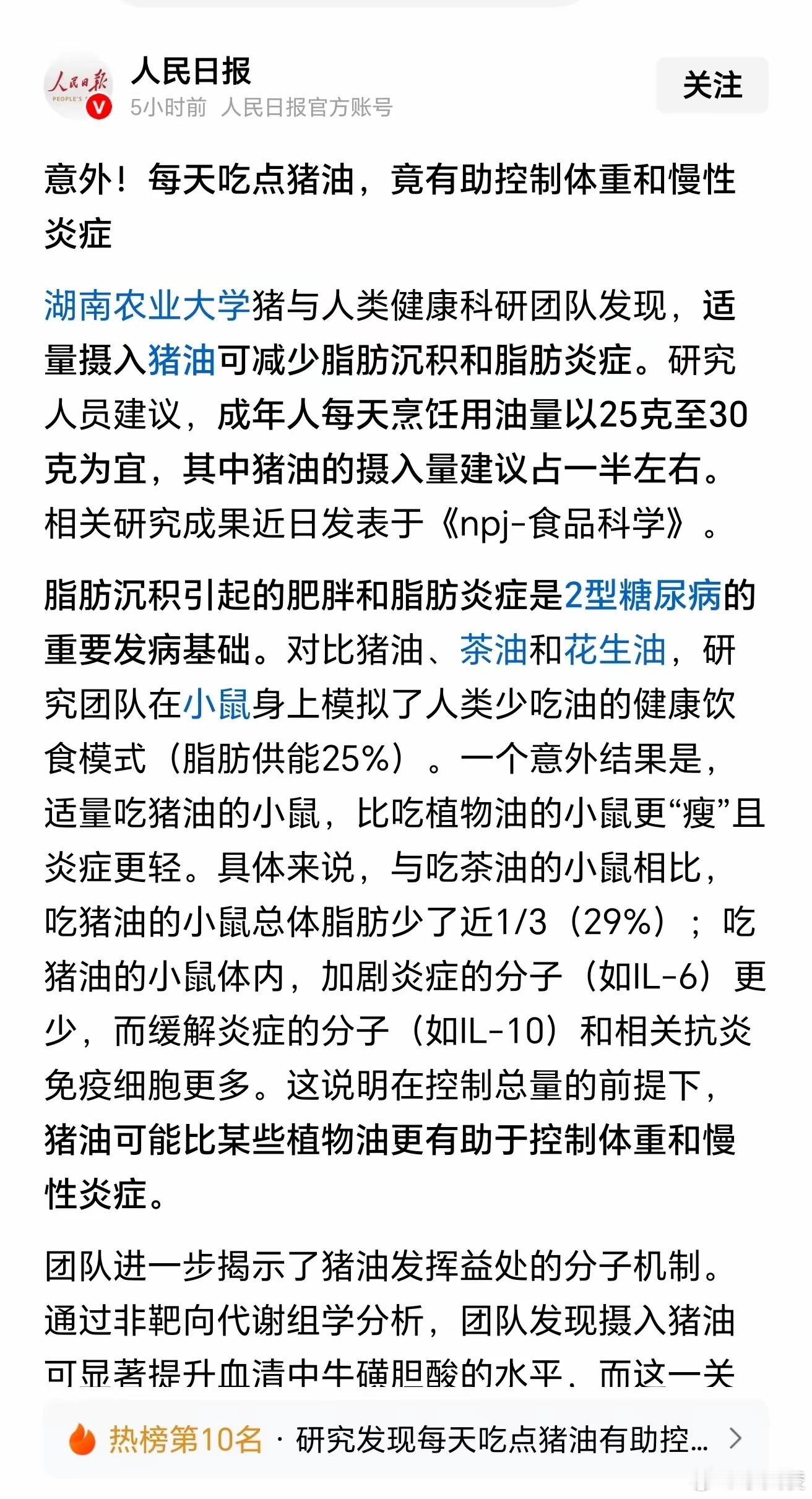 每天吃猪油可控制体重和慢性炎症 原来猪油不是“致胖元凶”。 新研究说适量吃能少堆