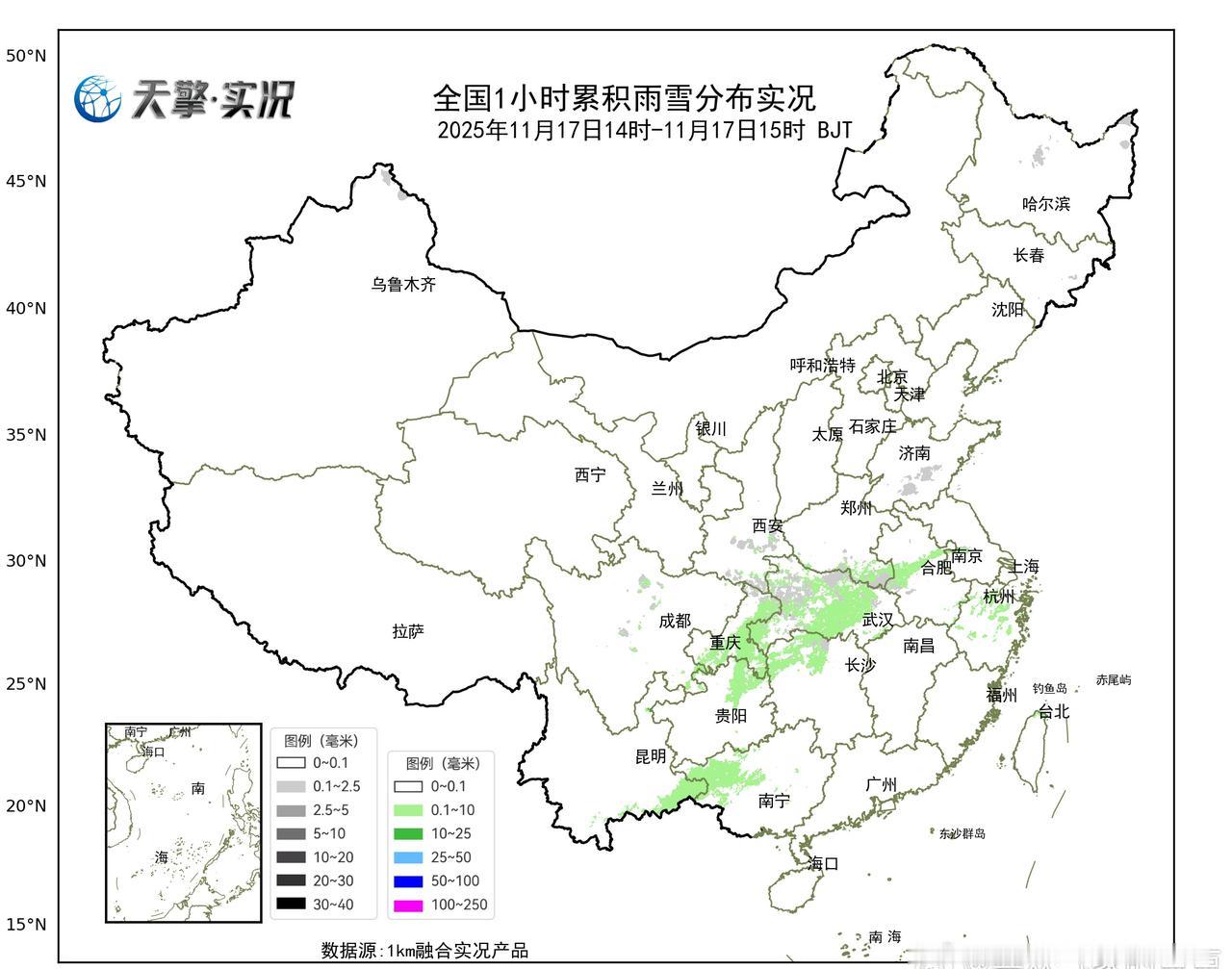 今天白天，湖北西部和北部、陕西东南部、河南南部、安徽西部等地出现了降雪。