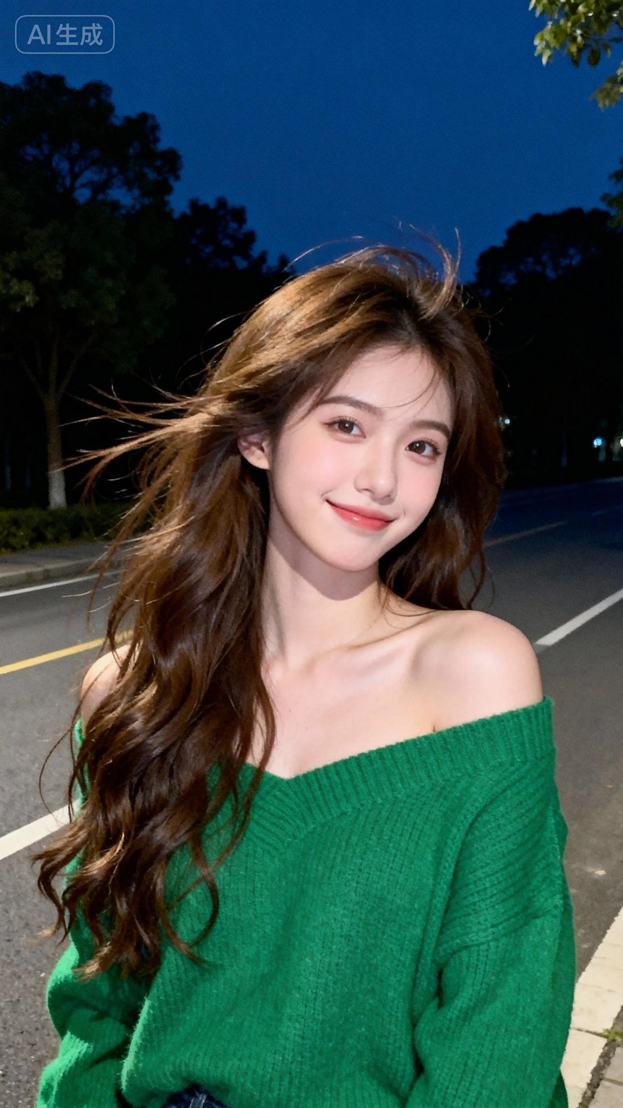 绿衣美人倚，夜色入画来。