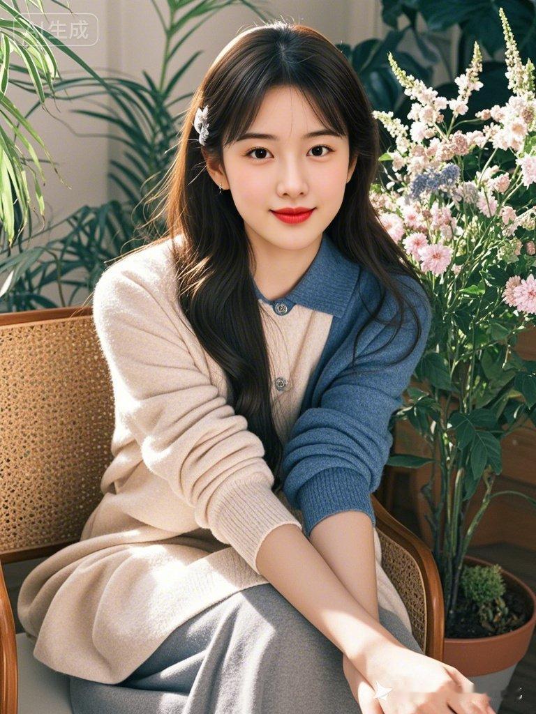 温柔甜美的少女，阳光洒在脸庞，花海中的静谧时光。