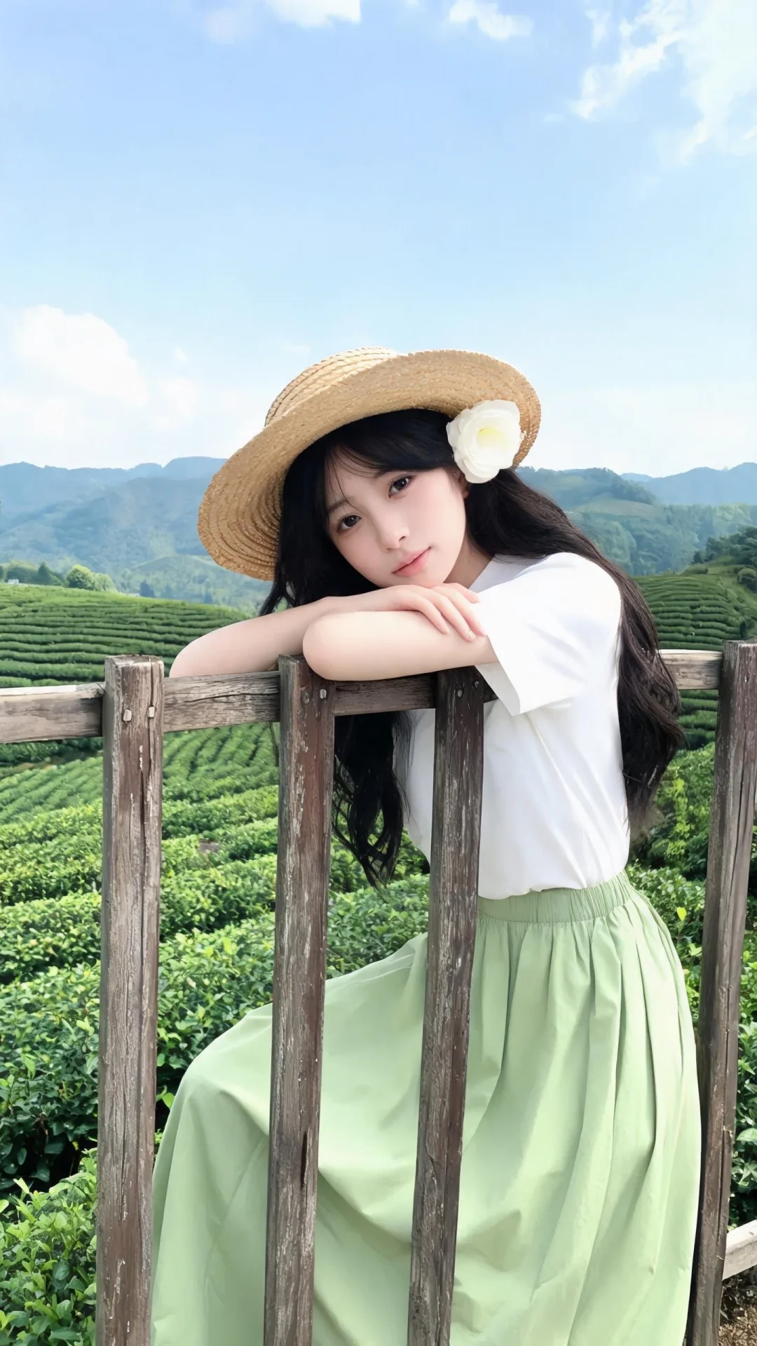 9:16竖屏，茶园清新治愈少女写真，温柔黑长卷发，头戴草编宽檐遮阳帽...