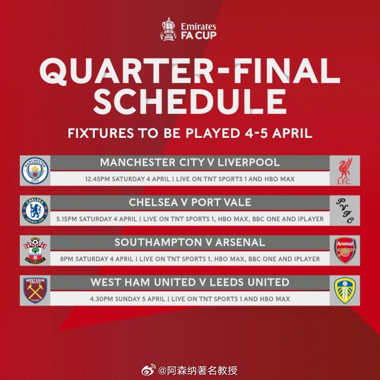 枪迷又要熬夜了，足总杯1/4决赛开球时间：曼城vs利物浦——4月4日19点45分