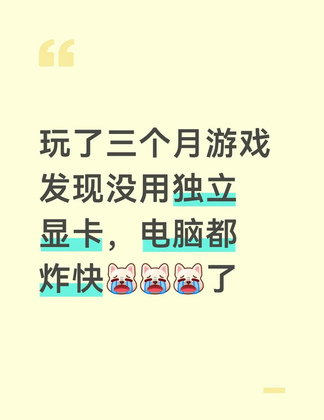 玩了三个月游戏发现没用独立显卡，电脑都炸快[泪崩R][泪崩R][泪崩R]了
休完