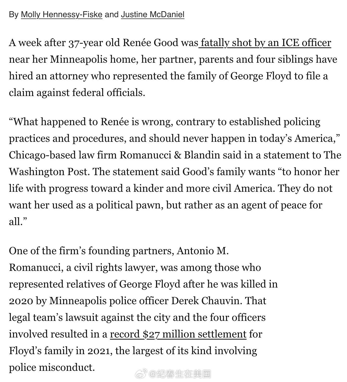 一周之后，Renee Good的妻子、父母和四名兄弟姐妹已经聘请了曾代表Geor