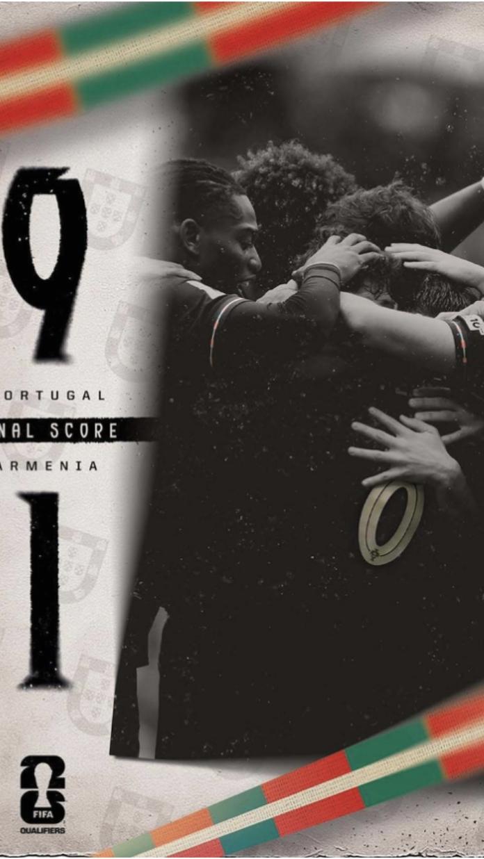 世界杯预选赛迎来一场狂胜
葡萄牙主场9-1狂胜亚美尼亚，头名晋级直通世界杯！
葡