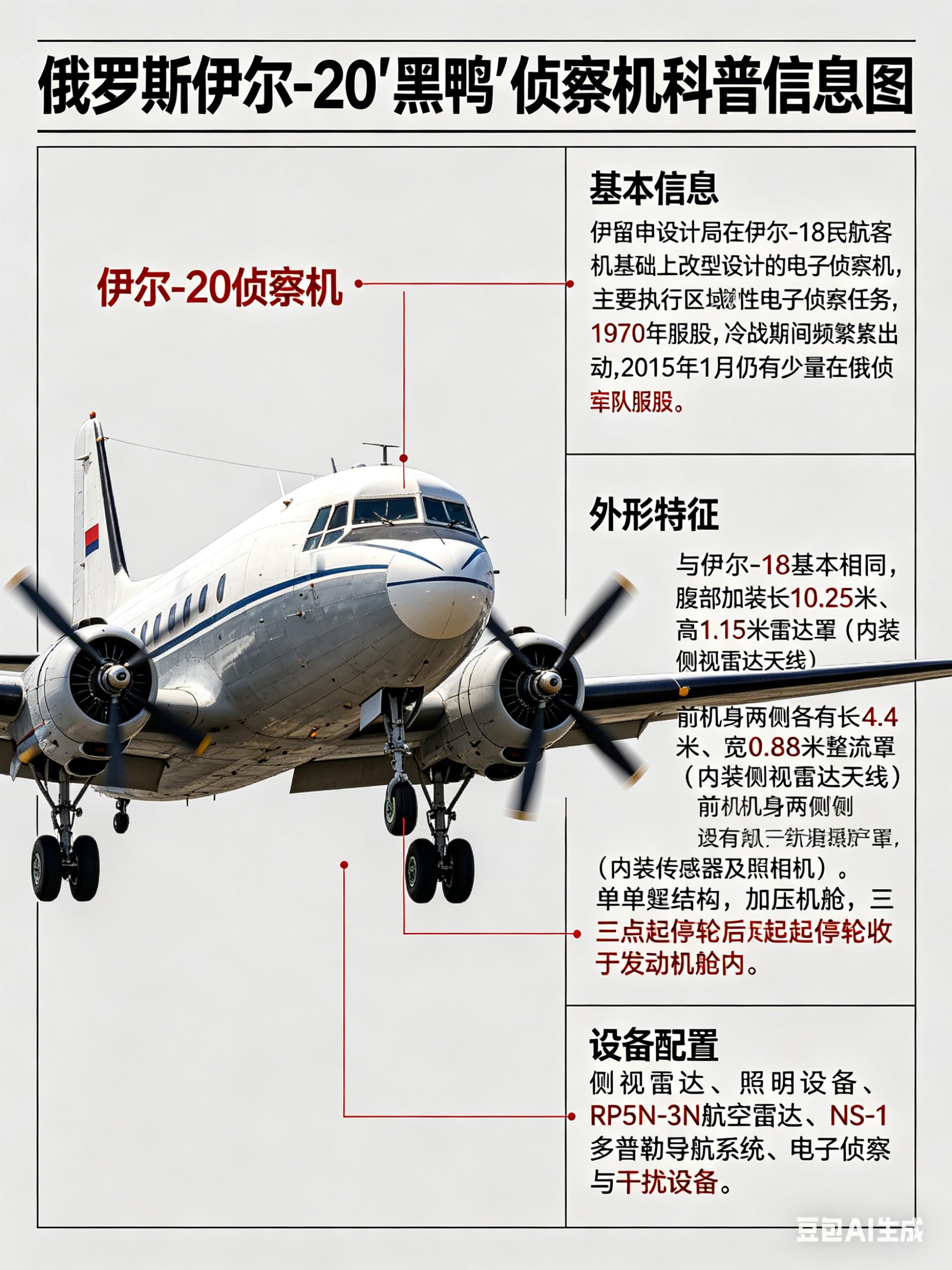 军事ai新视野 俄罗斯伊尔-20“黑鸭”侦察机伊尔-20“黑鸭”（Coot）侦察