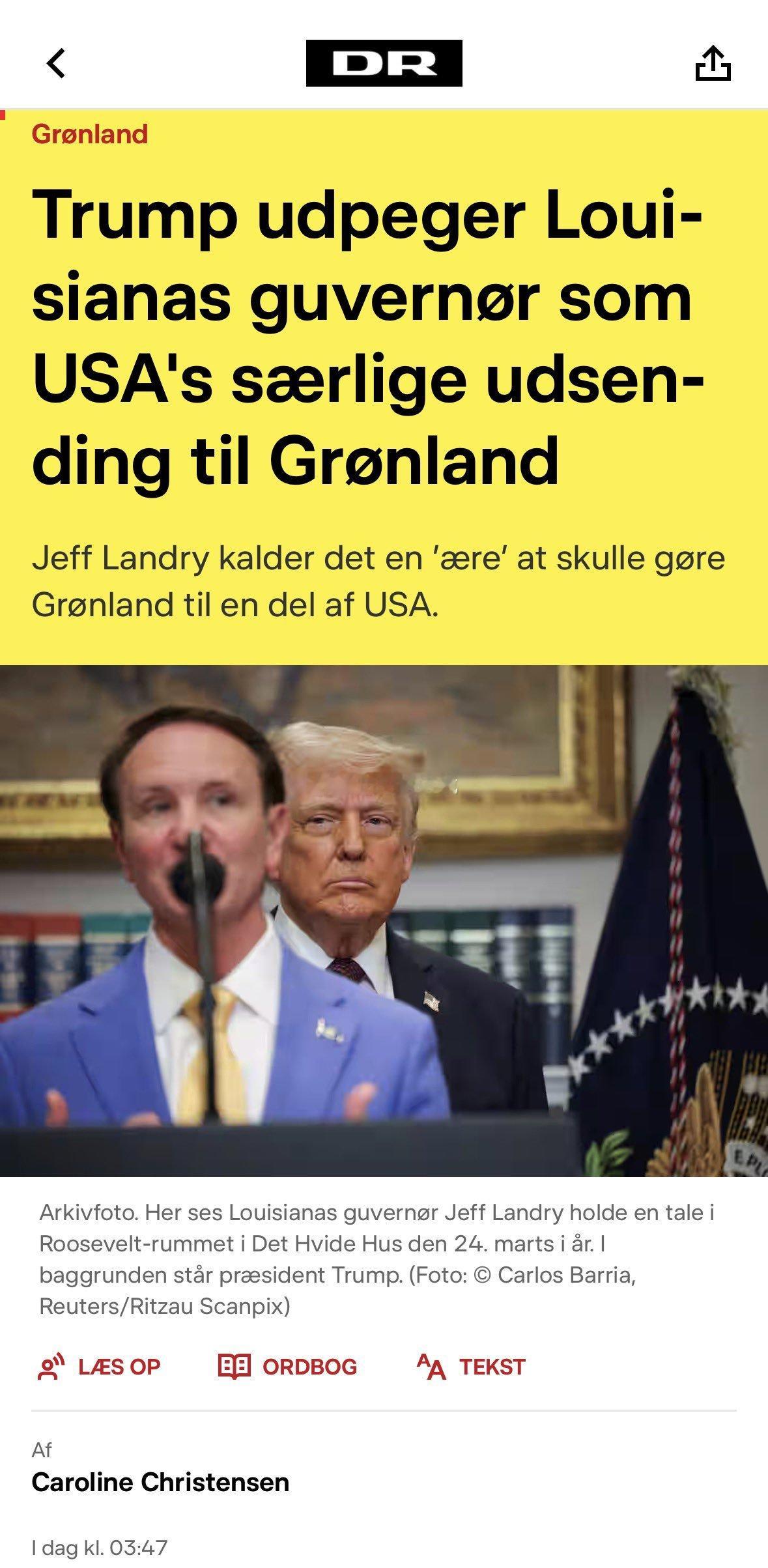 美国总统特朗普周日任命路易斯安那州州长杰夫·兰德里为格陵兰特使，而新特使表示将致