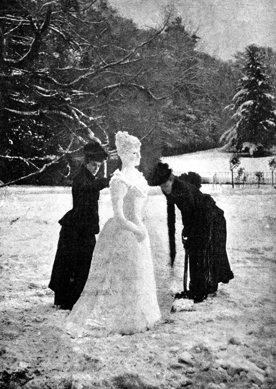 Two Victorian ladies making a “Snow Lady