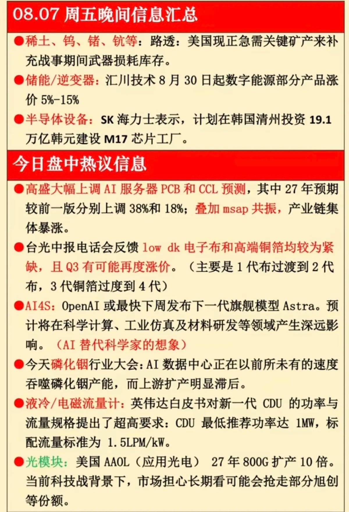 8.07周五  晚间财经热点汇总！1.有色金属：稀土、钨、锗2.储能、逆变器3.