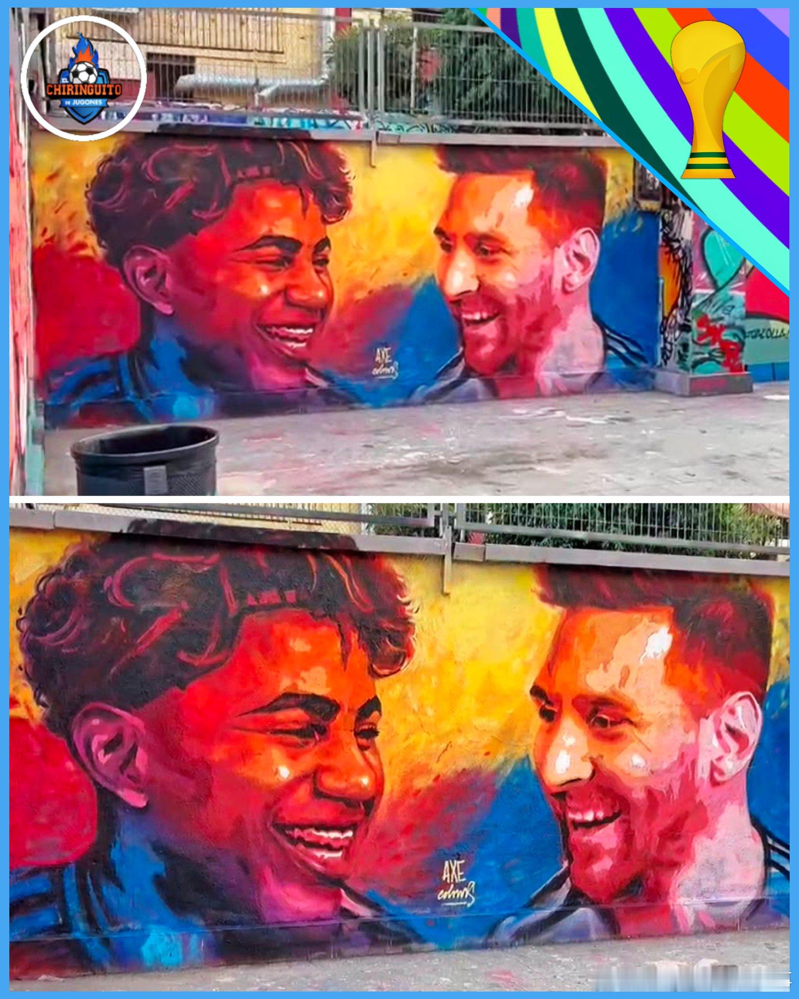 巴萨两代10号同框 🎨世界杯决赛前，巴塞罗那街头出现了一幅壁画——梅西和亚马尔