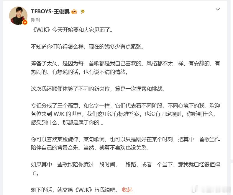 王俊凯剩下的话WJK替我说王俊凯说有点紧张漫长打磨筹备，王俊凯拿出满含真心的音乐