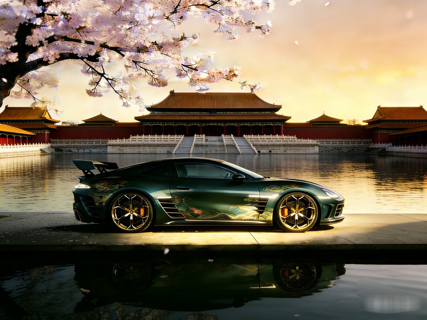 假想了一台小米su7的双门GT，看看怎么样金色配绿色是极好的 