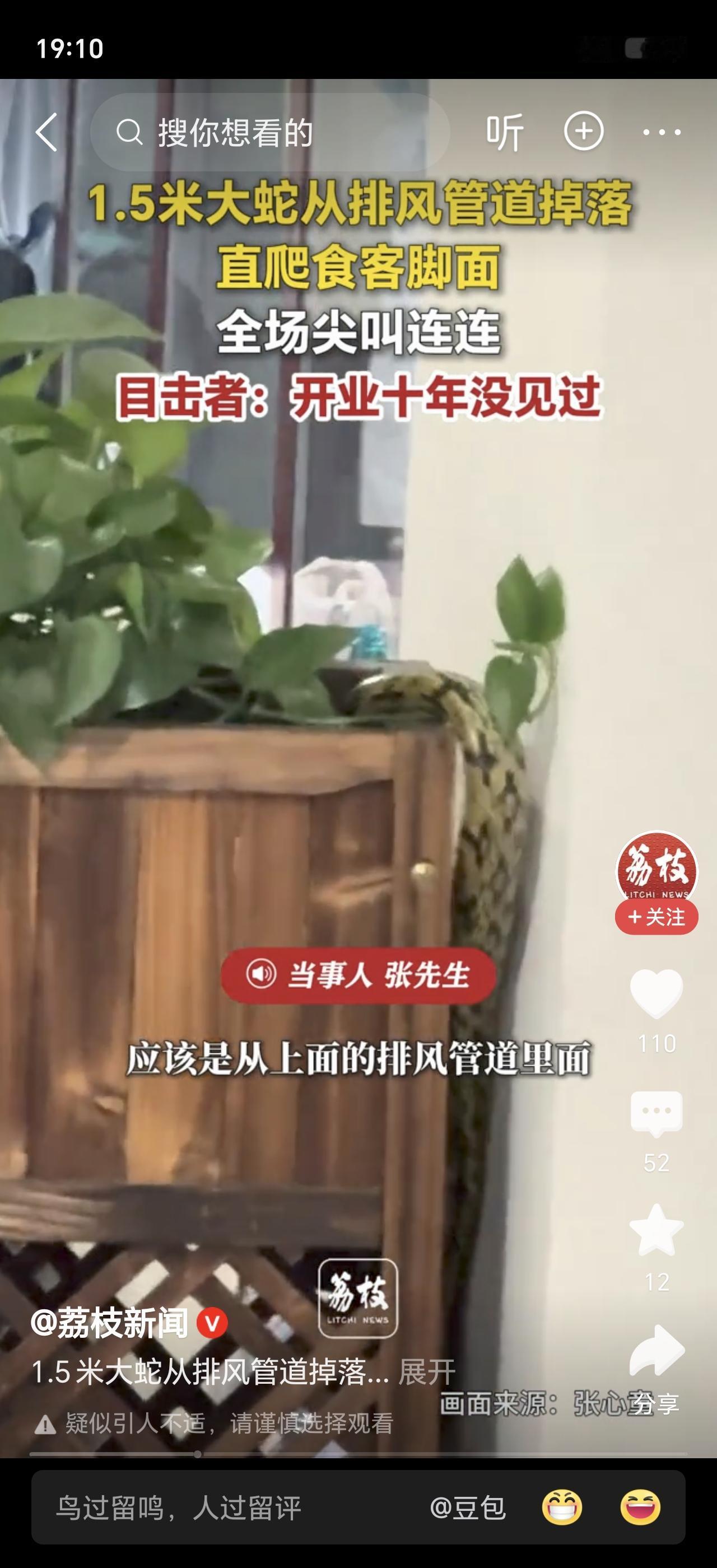 广东佛山一餐厅，食客们正埋头干饭，突然头顶排风管道“哐当”一声巨响，一条大蛇直接