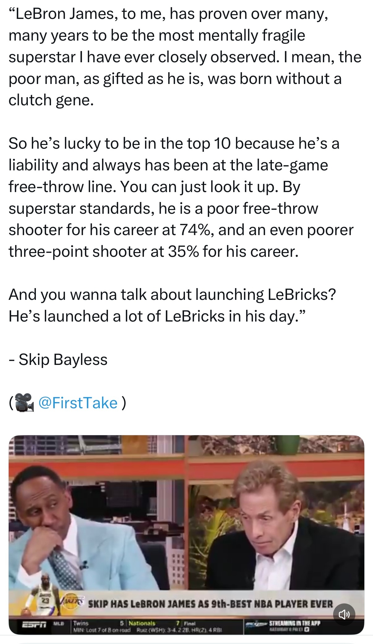指鹿为马再放厥词Skip Bayless：“在我看来，这么多年来已经证明了，詹姆