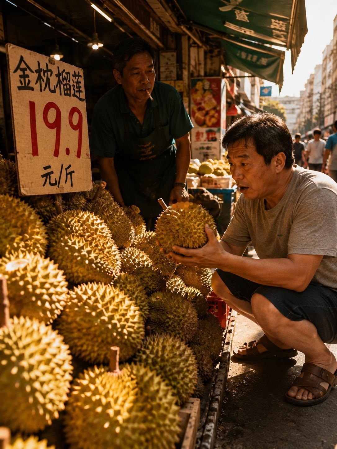 榴莲价格崩了…
昨天路过小区门口水果摊，一堆人围着。

凑过去一看，榴莲堆成小山