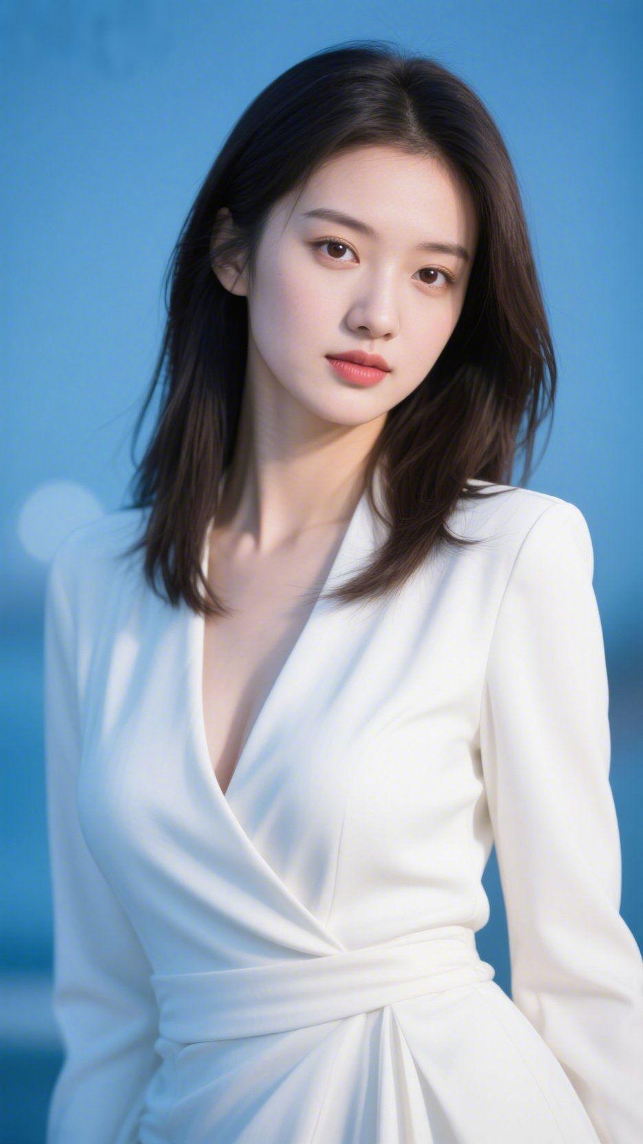 白裙映清蓝
清蓝的底色衬着一袭白裙，简约的剪裁藏着不动声色的优雅，眉眼间的笃定，