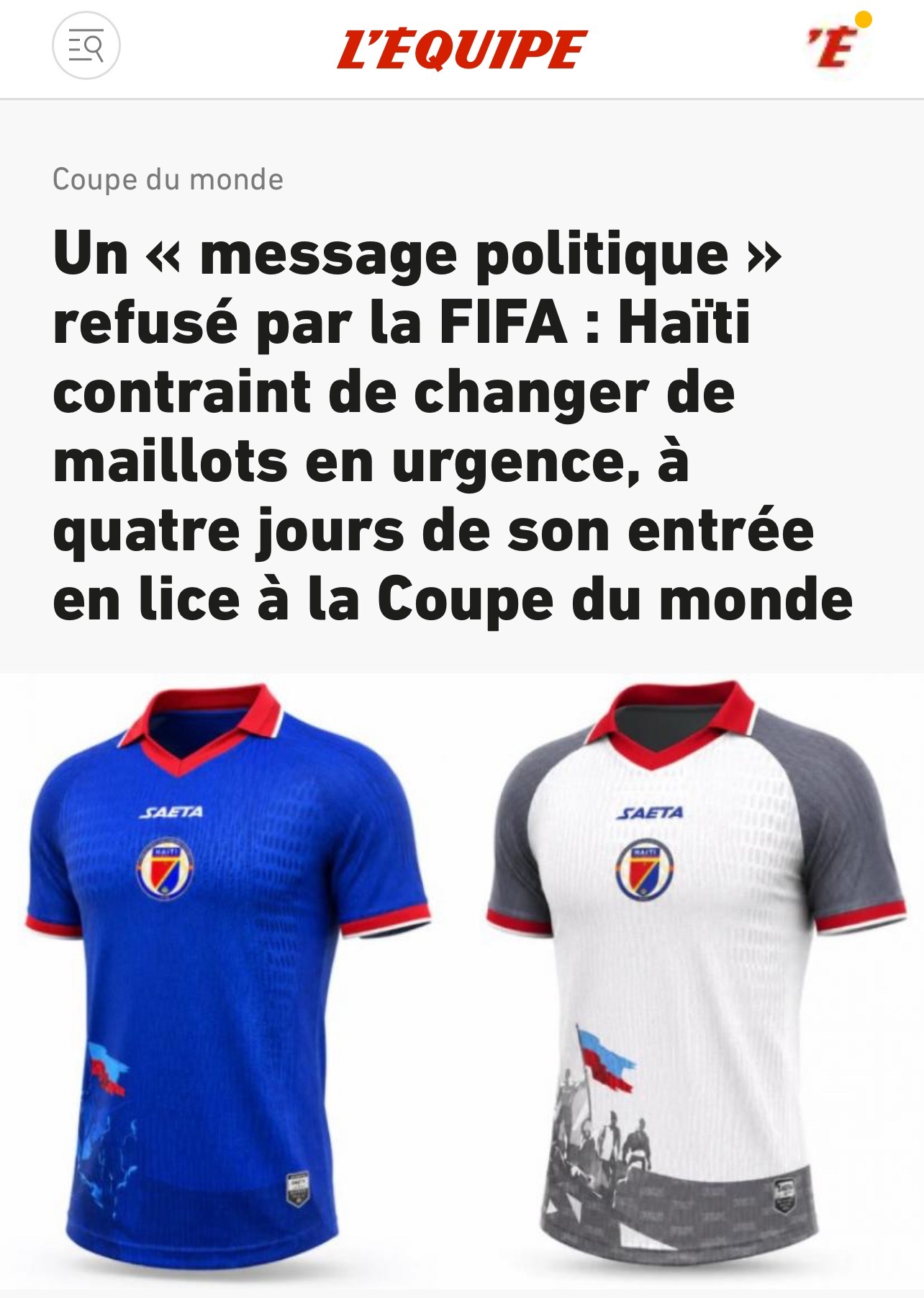 【海地世界杯球衣被FIFA紧急叫停】距离世界杯首战仅剩4天，海地队被国际足联要求
