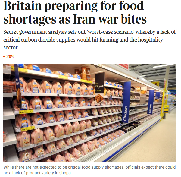 🔻泰晤士报说：如果伊朗战争持续，英国今年夏天可能面临食品短缺。🔻官员警告称，