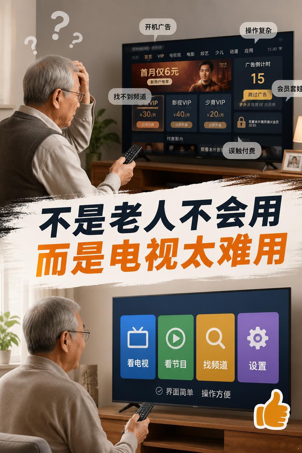 为什么老人越来越不会用电视了不是老人跟不上科技，而是现在的电视越来越不像电视开机