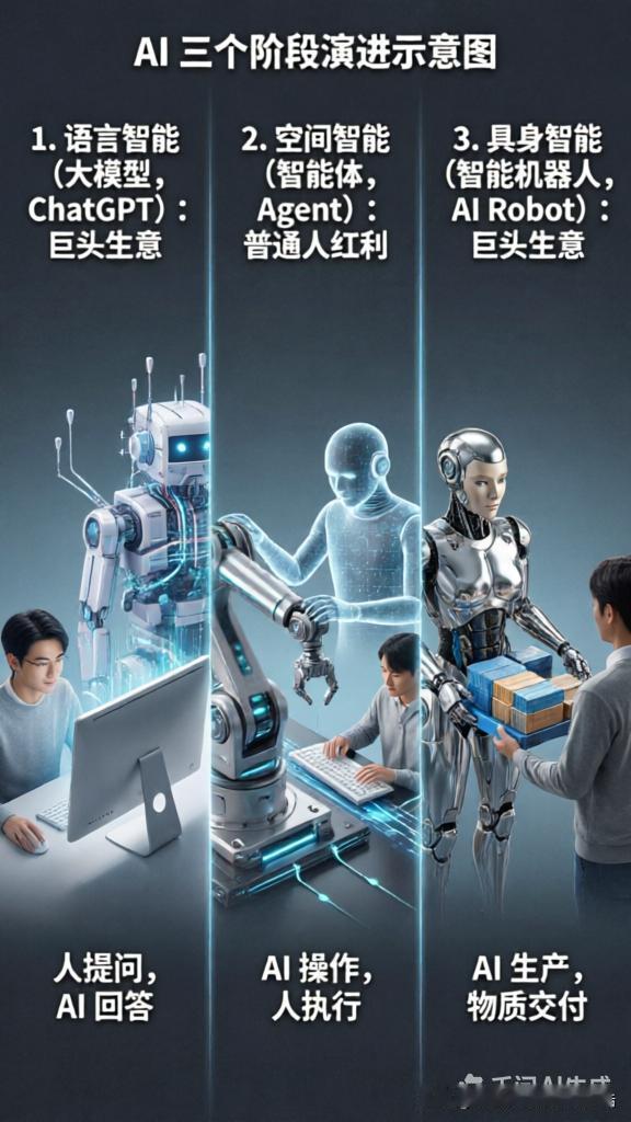 为什么说Agent是所有人的机会？

1、AI（人工智能）分三个阶段，第一阶段: