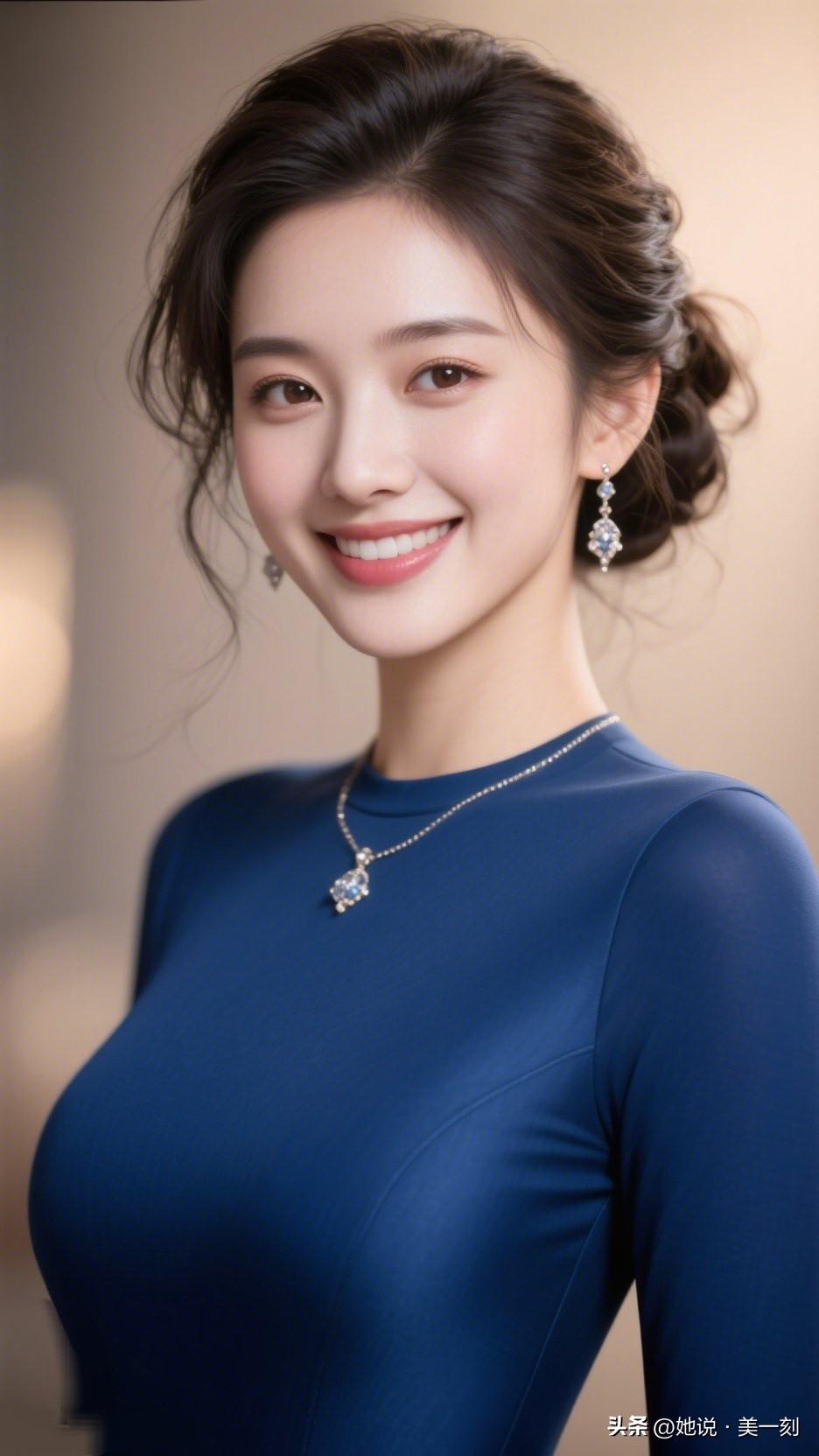 优雅蓝裙，闪耀耳环，甜美笑容，完美女神！发一张你眼中最美的微笑照片